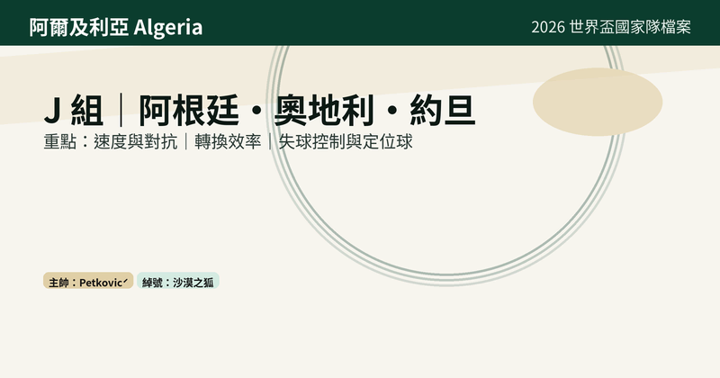 阿爾及利亞 Algeria 2026 世界盃國家隊檔案封面圖,整理 J 組對手(阿根廷、奧地利、約旦)、主帥 Petković 與速度對抗、轉換效率、失球控制等重點