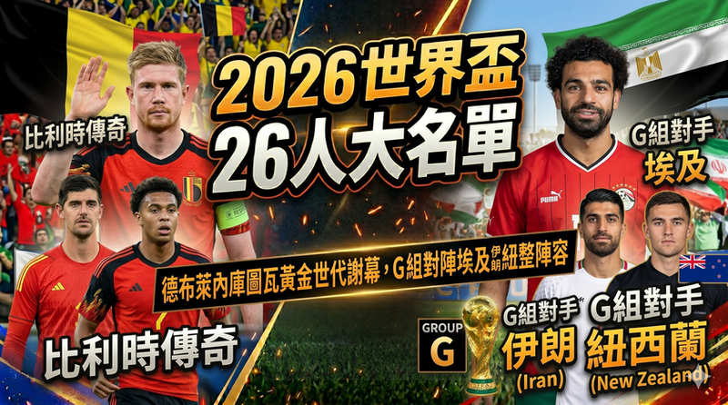 2026世界盃比利時國家隊26人大名單預測封面，包含德布萊內、庫圖瓦謝幕黃金世代及G組對陣埃及、伊朗、紐西蘭