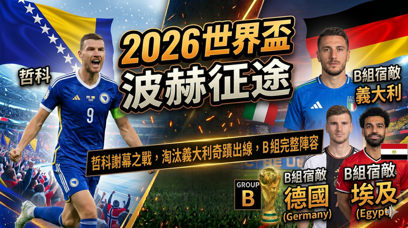 此影片封面圖展示波士尼亞赫塞哥維納隊 2026 年世界盃大名單分析。圖片左側為波赫「Dragons Focus」哲科（謝幕之戰）與奇蹟出線的球員，上方帶有波赫國旗。中間大型標題為「2026 世界盃 26人大名單」，下方橫條寫有「哲科謝幕之戰，淘汰義大利奇蹟出線，B 組完整陣容」。圖片右側為 B 組對手義大利隊球員與義大利國旗，上方帶有德國與埃及國旗，右下角標記「B組宿敵」。整個畫面充滿大賽氣氛，純化視覺無外部標題。