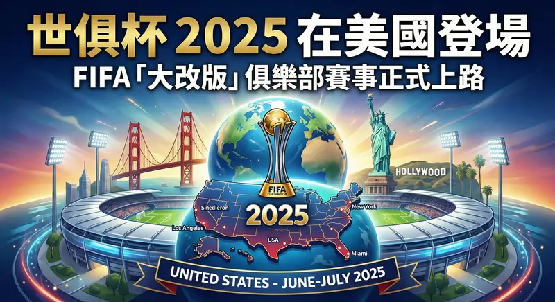 這張圖片的 alt text(替代文字)可以這樣寫: 「一張關於 2025 世俱杯(國際足總俱樂部世界盃)的新聞封面圖。圖片上方有醒目的大標題『世俱杯 2025 在美國登場』與副標題『FIFA「大改版」俱樂部賽事正式上路』。視覺中心是一個被現代化環形足球場包圍的地球與美國本土圖案,美國地圖上矗立著世俱杯獎盃與金色的『2025』大字,並標記了紐約、洛杉磯、邁阿密等城市。背景左右兩側融入了美國的知名地標,左側為金門大橋,右側為自由女神像與好萊塢標誌。最下方有一條深藍色緞帶,寫著『UNITED STATES - JUNE-JULY 2025』,整體呈現出盛大且充滿活力的賽事氛圍。」