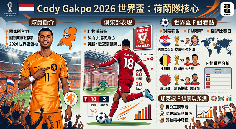 加克波 Cody Gakpo 2026 世界盃球員介紹圖，解析荷蘭國家隊鋒線主力、利物浦前鋒進攻特色、世足賽 F 組賽程看點與荷蘭隊出線預測。