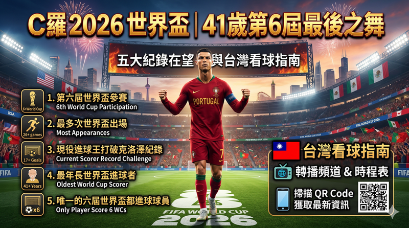 C羅(Cristiano Ronaldo)2026世界盃最後之舞封面圖。畫面中央為身穿葡萄牙國家隊球衣的 41 歲 C羅在璀璨足球場上振臂,頂部帶有金黃色標題「C羅 2026 世界盃|41 歲第 6 屆最後之舞」。左側圖表詳細羅列 C羅即將挑戰的五大紀錄,右側特別設計「台灣看球指南」區塊,包含轉播頻道與時程表提示、QR Code 圖示及台灣國旗,完美結合歷史賽事紀錄與台灣在地看球攻略。