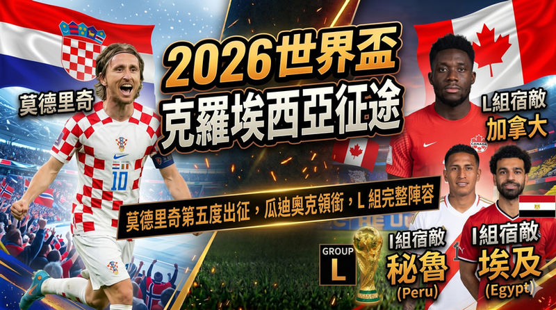 2026世界盃克羅埃西亞國家隊26人大名單預測封面，包含莫德里奇第五度出征、瓜迪奧爾、克瓦西奇領銜及L組完整陣容