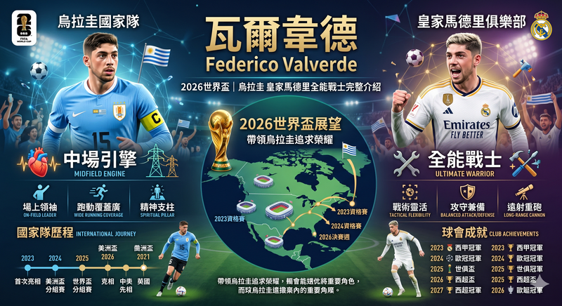 Federico Valverde 2026 世界盃球員介紹圖，解析烏拉圭國家隊中場核心瓦爾韋德、皇家馬德里全能戰士定位、攻守能力與世足賽出線展望。