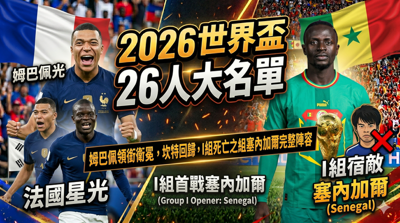 2026世界盃法國國家隊26人大名單預測封面，包含姆巴佩領銜衛冕、坎特回歸及首戰死亡之組塞內加爾