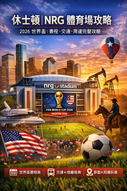 休士頓 NRG Stadium 位於夕陽下，背景為城市天際線，前景有足球、球迷與飄落彩帶，畫面含「賽程表／交通與地鐵指南／景點與周邊玩樂」圖示，作為 2026 世界盃攻略封面圖