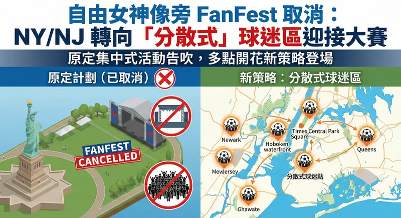 「一張關於紐約與新澤西 2026 世界盃球迷區規劃變更的新聞資訊圖表。畫面上方有醒目的大標題『自由女神像旁 FanFest 取消』及副標題『NY/NJ 轉向「分散式」球迷區迎接大賽』。左側以自由女神像為背景，蓋有顯眼的紅色取消標記與『集中式活動取消』字樣；右側則展示了紐約與新澤西的地圖，上面標記著多個發光的小型帳篷與地標圖示，象徵全新的『分散式球迷區』規劃。整體設計清楚呈現出主辦城市策略的轉變。」