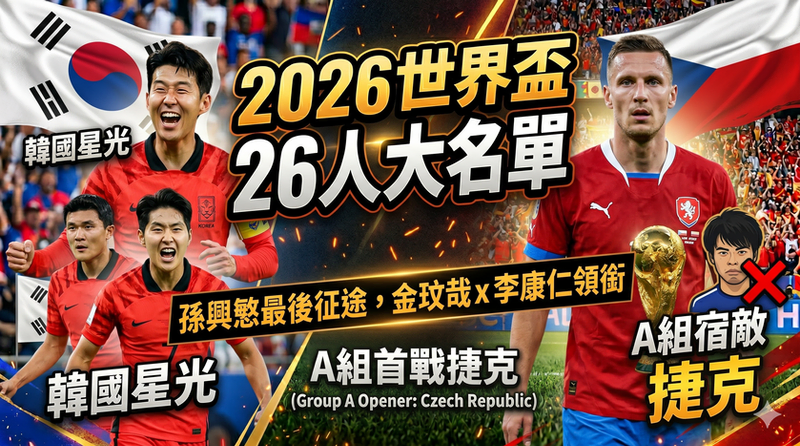 2026世界盃韓國國家隊26人大名單預測封面，包含孫興慜最後征途、金玟哉、李康仁及首戰對手捷克隊