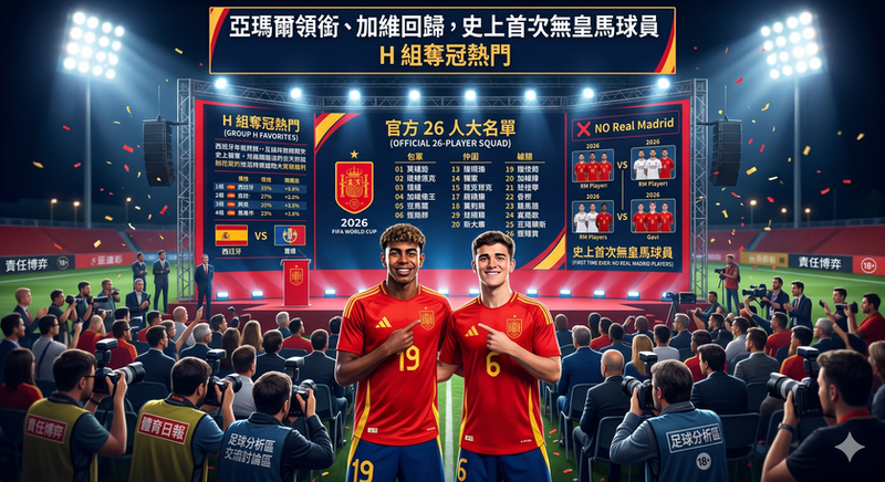 2026 世界盃西班牙隊 H 組奪冠熱門分析,亞馬爾與加維領銜西班牙國家隊 26 人名單發布會