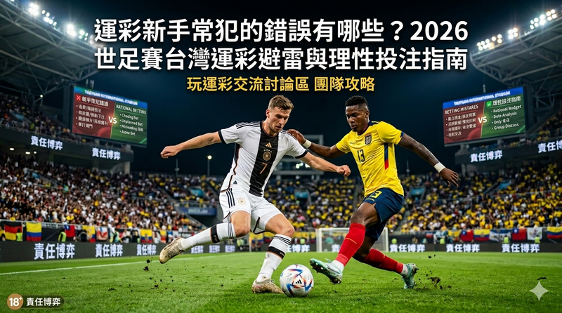一張專為 2026 世界盃運彩避雷教學設計的專業體育分析封面圖。畫面背景是熙攘、燈火通明的夜間足球場，環狀看台與 LED 螢幕上布滿了清晰的繁體中文『責任博弈』標語。前景中央有兩位足球運動員在草地上激烈對抗：左邊是一位身穿白色德國國家隊球衣（背號 7）的男子正在控球切入，右邊是一位身穿黃色厄瓜多國家隊球衣（背號 13）的男子在貼身防守。球場中央的大型 LED 電子看板上，用對比鮮明的紅綠圖表，列出了新手避雷與理性投注的關鍵對比清單。左側紅色區域帶有紅色 ❌，寫著：『新手常犯錯誤：追單/藉貸投注、無計畫/衝動下注、聽信偏方/保證獲利、單打獨鬥』；右側綠色區域帶有綠色 ✅，寫著：『理性投注指南：量力而為/設定預算、深耕數據/理性拆解、台灣運彩/合法管道、社群交流』。整個圖像融合了動態體育攝影與資訊圖表設計。頂部標題用大號醒目的繁體中文白字寫著：『運彩新手常犯的錯誤有哪些？2026世足賽台灣運彩避雷與理性投注指南』，下方小標題為黃字：『玩運彩交流討論區 團隊攻略』。畫面左下角帶有圓圈『18+ 責任博弈』的合規圖示。整體風格呈現專業、富有警示與教學意義的體育新聞雜誌封面。