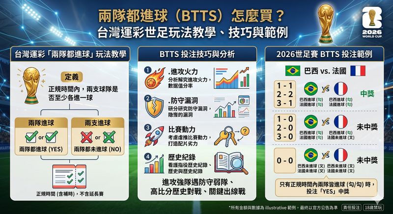 兩隊都進球 BTTS 玩法教學資訊圖，整理台灣運彩世足投注規則、投注技巧與 2026 世界盃下注範例