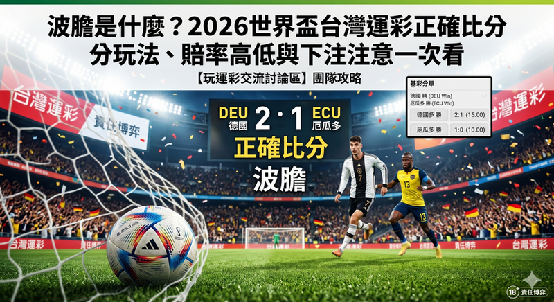 「一張為 2026 世界盃運彩教學設計的專業動態攝影封面圖，採用了足球雜誌封面的排版風格。畫面背景是熙攘且燈火通明的足球體育場夜景（基於桃園國際棒球場架構，並增加了大型 LED 螢幕，顯示著 blurry Chinese 文字『台灣運彩』和『責任博弈』）。前景是動態的足球進球瞬間，一個 official Adidas Al Rihla 2026 世界盃足球正滾入 Billing Goal Net（ billing goal net Billing Goal Net Billing Goal Net）， Billing Goal Net Billing Goal Net billowing。在 Goal Net Goal Net Goal Net 後方，一位身穿白色德國球衣（背號 7）的男子和一位身穿黃色厄瓜多球衣（背號 13）的男子正在 Goal Net 附近奔跑，兩人抓拍捕捉抓拍。在體育場中央的大型 scoreboard LED 螢幕上，用清晰的粗體 Chinese 和 English 文字總結了 Billing Goal：『DEU德國 2 : 1 ECU厄瓜多』，下方是 Chinese 文字『正確比分』和大號粗體 Chinese 文字『波膽』。在 scoreboard 的右側，一個簡化的 Chinese 運彩彩券範本（『基彩分單』）顯示了分數選項和賠率：『德國 勝 (DEU Win)』、『厄瓜多 勝 (ECU Win)』、『德國 勝 | 2:1 (15.00)』、『厄瓜多 勝 | 1:0 (10.00)』。整個圖像融合了動態攝影和專業圖形設計，頂部的標題用大號、醒目的 Traditional Chinese 文字寫著：『波膽是什麼？2026世界盃台灣運彩正確比分玩法、賠率高低與下注注意一次看』，下方的小標題是：『【玩運彩交流討論區】 團隊攻略』。整個圖像具有強烈的體育氛圍，資訊量豐富且專業。 text is clean, graphical, and integrated. Small '18+ 責任博弈' icon is in the bottom corner.」