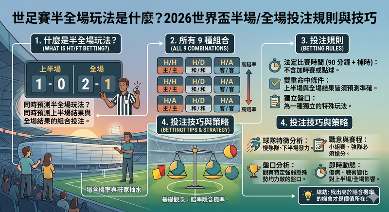 2026世界盃半全場玩法教學，介紹世足賽半場全場投注規則、常見組合與投注技巧