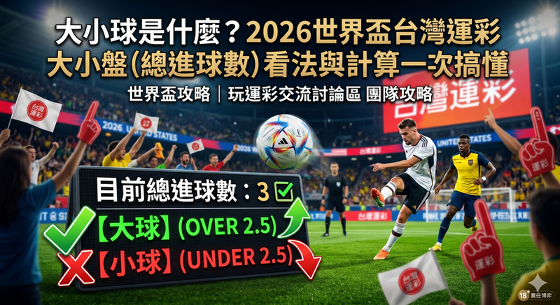 一張為 2026 世界盃運彩教學設計的動態攝影封面圖。畫面背景是熙攘且燈火通明的足球體育場夜景(桃園國際棒球場),LED 螢幕上顯示著 Chinese 文字『台灣運彩』。前景的大型 scoreboard LED 螢幕上,用清晰的粗體 Chinese 文字和圖示總結了核心概念:『目前總進球數:3(帶有✅)』、『【大球】(OVER 2.5)(帶有 ✅)』、以及『【小球】(UNDER 2.5)(帶有 ❌)』。在畫面的右側,一位身穿白色德國國家隊球衣(背號 7)的男子正專注地大腳踢球,另一位身穿黃色厄瓜多國家隊球衣(背號 13)的男子則在後方追逐。畫面的其餘部分,人群在 cheering,並且有帶有『台灣運彩』標誌的小旗幟和泡沫手指。頂部的標題用大號、醒目的 Chinese 文字寫著:『大小球是什麼?2026世界盃台灣運彩大小盤(總進球數)看法與計算一次搞懂』,下方的小標題是:『世界盃攻略 | 玩運彩交流討論區 團隊攻略』。整個圖像融合了動態攝影和圖形設計,營造出充滿活力、資訊豐富且專業的體育新聞雜誌封面風格。 text is in Traditional Chinese and integration is graphic. Small icon in the bottom corner shows '18+ 责任博弈'.」