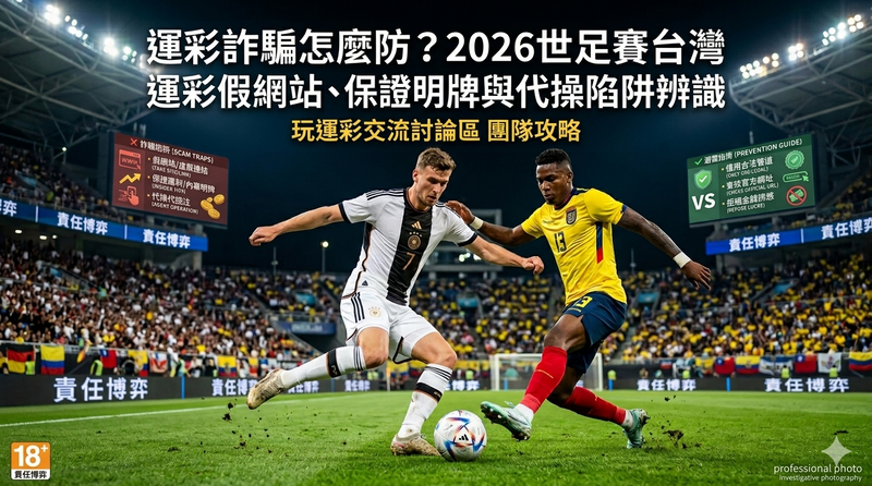 「一張專為 2026 世界盃運彩防詐騙、辨識代操陷阱教學設計的專業體育分析封面圖。畫面背景是熱烈、燈火通明的夜間足球場，環狀看台與電子螢幕上布滿了清晰的繁體中文『責任博弈』標語。前景中央有兩位足球運動員在草地上激烈競逐：左邊是一位身穿白色德國國家隊球衣（背號 7）的男子正在控球切入，右邊是一位身穿黃色厄瓜多國家隊球衣（背號 13）的男子在貼身防守。球場左右兩側配有大型 LED 電子看板，詳細列出常見的運彩詐騙手法與防範指南。左側紅框看板標題為『詐騙陷阱 (SCAM TRAPS)』，寫著：『假網站/虛假連結、保證獲利/內幕明牌、代操代投注』；右側綠框看板標題為『避雷指南 (PREVENTION GUIDE)』，寫著：『僅用合法管道、審慎查充網址、拒絕金錢誘惑』。頂部標題用大號醒目的繁體中文白字寫著：『運彩詐騙怎麼防？2026世足賽台灣運彩假網站、保證明牌與代操陷阱辨識』，下方小標題為黃字：『玩運彩交流討論區 團隊攻略』。畫面左下角帶有圓圈『18+ 責任博弈』的合規圖示。整體風格呈現專業、資訊清晰且富有防詐教學意義的體育新聞雜誌封面。」