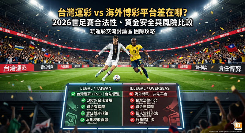 2026 世足賽台灣運彩 vs 海外博彩平台風險比較示意圖：左側綠色標出台灣運彩為合法管道、資金有保障、有責任博弈政策，右側紅色標出境外平台在台非法、資金無保障、個資外洩與詐騙風險，附 18+ 責任博弈標示