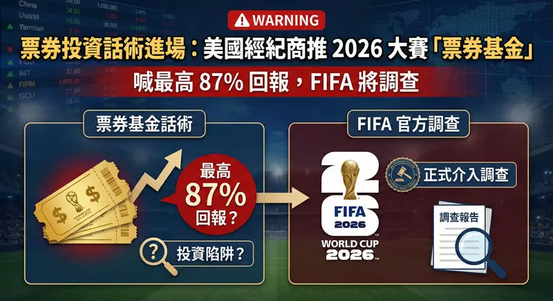 「一張關於 2026 世界盃票券基金投資爭議的新聞資訊圖表。上方有醒目的警告風格大標題『票券投資話術進場:美國經紀商推 2026 大賽「票券基金」』,以及副標題『喊最高 87% 回報,FIFA 將調查』。畫面左側以放大鏡、紅色警告標籤(Warning)及波動的股市折線圖為背景,凸顯投資風險與疑慮。畫面右側為一張帶有 2026 世界盃標誌的閃亮金色門票,門票上方漂浮著『高達 87% 回報率?』的誘人字眼,旁邊配有官方介入調查的法槌圖示。整體設計以紅、黑、金為主色調,強烈傳達出投資陷阱的警示意味與 FIFA 官方嚴正調查的主題。」