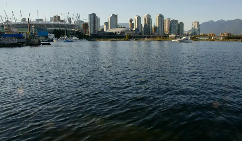 溫哥華天際線與 BC Place 同框（False Creek 視角）
