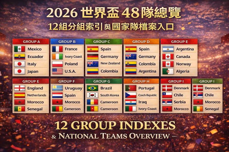 2026 世界盃 48 隊總覽封面圖：12 組分組索引與國家隊檔案入口（Group A–L）