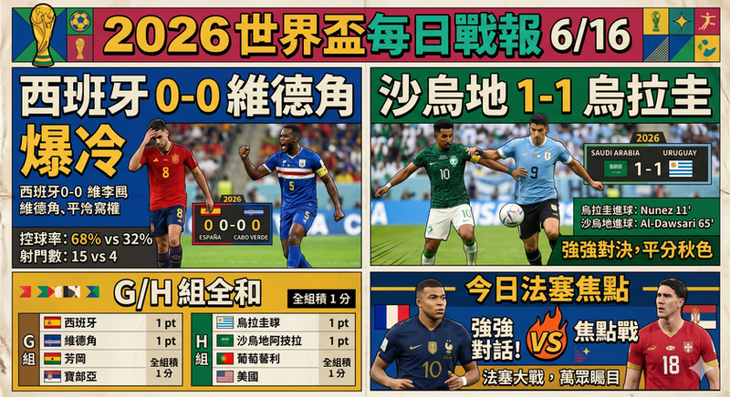 2026 世界盃每日戰報 6/16｜西班牙 0-0 維德角爆冷、沙烏地 1-1 烏拉圭，G/H 組全和與今日法塞焦點（世足賽）
