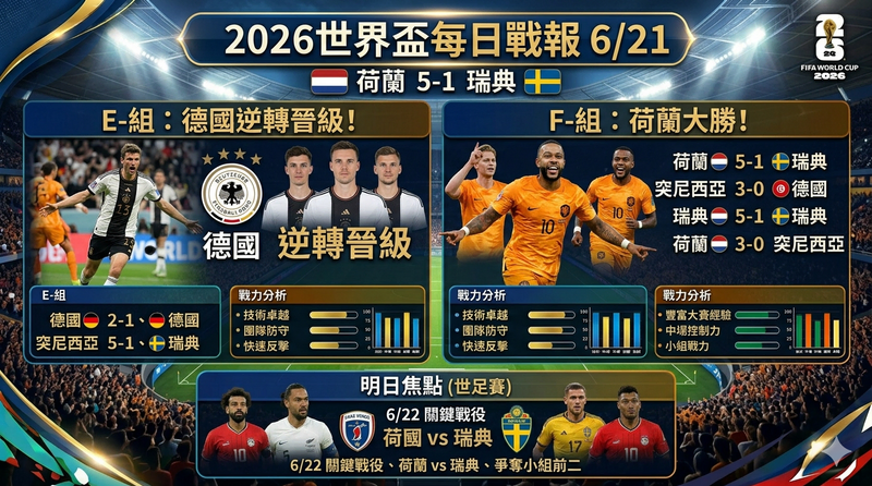 2026 世界盃每日戰報 6/21｜荷蘭 5-1 瑞典、德國逆轉晉級：E／F 組賽果與明日焦點（世足賽）