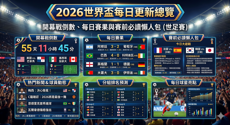 2026 世界盃每日更新總覽圖,整理世足賽開幕戰倒數、每日賽果、分組排名預測、賽前必讀懶人包與球星焦點,包含阿根廷、巴西、英格蘭、法國、韓國、日本等球隊賽程看點與世界盃即時戰報。