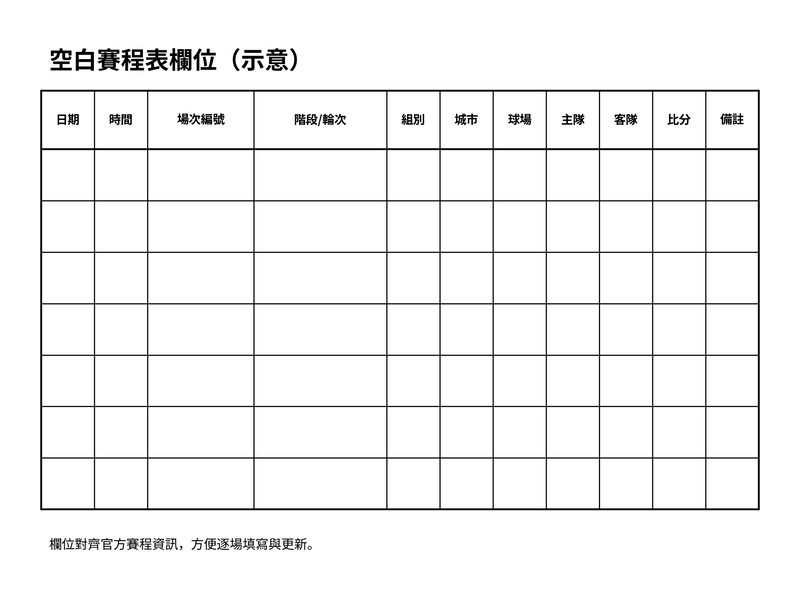 空白賽程表模板示意：日期、場次編號、城市、球場與對戰欄位