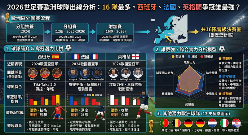 2026 世足賽歐洲球隊出線分析圖，整理西班牙、法國、英格蘭等歐洲強隊爭冠實力、資格賽流程與 16 隊晉級決賽圈預測。