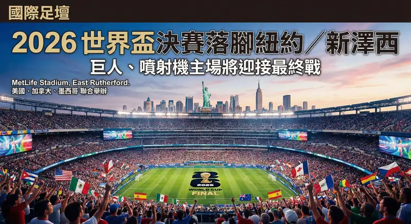 「一張關於 2026 世界盃決賽場地的新聞封面圖。左上角標註『國際足壇』,上方有醒目大標題『2026 世界盃決賽落腳紐約/新澤西』,以及副標題『巨人、噴射機主場將迎接最終戰』,左側小字寫有『MetLife Stadium, East Rutherford. 美國、加拿大、墨西哥 聯合舉辦』。圖片主體是一座座無虛席的宏偉足球場,草皮中央印有『2026 WORLD CUP FINAL』的標誌。前景是熱情舉著各國國旗歡呼的球迷,球場後方則是以自由女神像與帝國大廈等紐約地標構成的城市天際線,襯托著黃昏色彩的天空。」