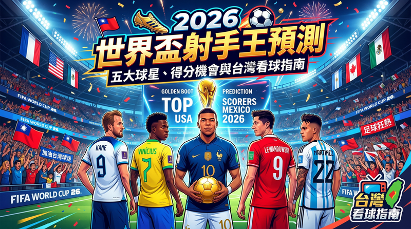 2026世界盃射手王預測封面圖。畫面中央為五大球星(姆巴佩、凱恩、維尼修斯、萊萬多夫斯基、馬丁內斯)站在璀璨的足球場上。上方帶有醒目的中文標題「2026 世界盃射手王預測:五大球星、得分機會與台灣看球指南」,右下角設有專屬的「台灣看球指南」圖示,背景伴隨熱烈應援的球迷與台灣國旗,呈現熱血的賽事預測氛圍。