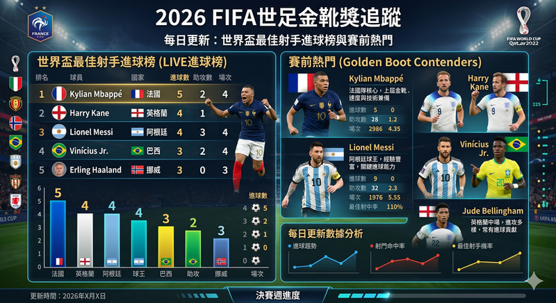 2026 FIFA 世界盃金靴獎追蹤，姆巴佩、哈里凱恩、梅西、維尼修斯、哈蘭德與貝林漢姆賽前熱門射手分析，世界盃最佳射手進球榜、國家隊進球數據與金靴獎候選人完整整理。