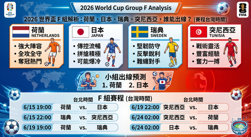2026 世界盃 F 組分析，荷蘭、日本、瑞典、突尼西亞出線預測與台灣時間賽程一次看懂