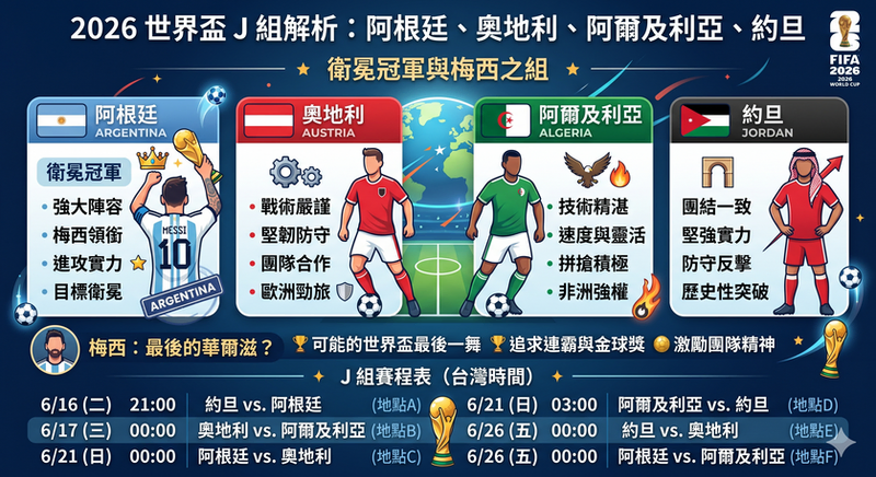 2026 世界盃 J 組分析，阿根廷、奧地利、阿爾及利亞、約旦出線預測與梅西最後一舞台灣時間賽程一次看懂