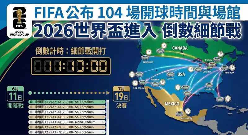 「一張關於 2026 世界盃賽程與場館公布的新聞資訊圖表。畫面右上方有醒目的大標題『FIFA 公布 104 場開球時間與場館』以及副標題『2026 世界盃進入倒數細節戰』,左上角配有 2026 世界盃官方標誌。畫面左側有一個標示『倒數計時:細節戰開打』的電子倒數計時器,下方整理了賽程時間軸,從左端的『6月 11日 開幕戰』連向右端的『7月 19日 決賽』,並列出部分小組賽的對戰時間與場館列表(如 SoFi Stadium)。畫面右側為一幅涵蓋加拿大、美國與墨西哥的北美地圖,上面標記了各個主辦城市的體育場館與時鐘圖示,並用發光的彩色弧線串連起來,展現出橫跨三國的盛大賽事規模。」