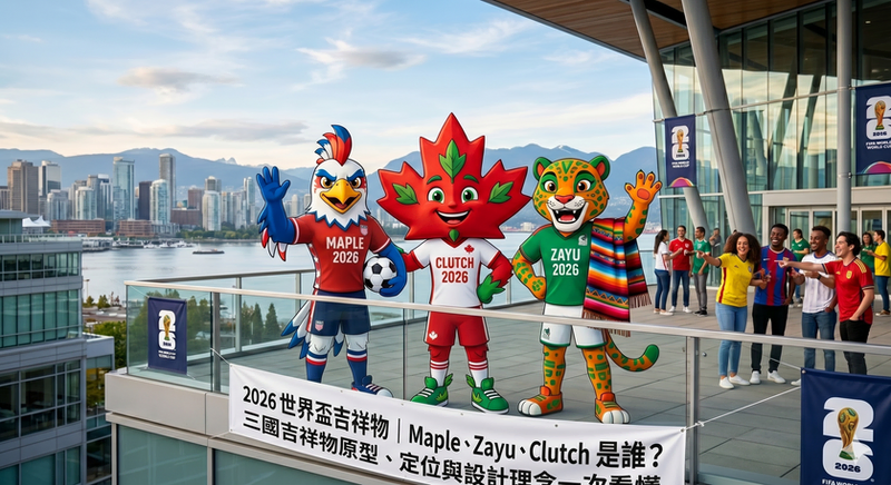 2026 世界盃三大吉祥物 Maple、Zayu、Clutch 合照，介紹加拿大、美國、墨西哥吉祥物設計與象徵意義