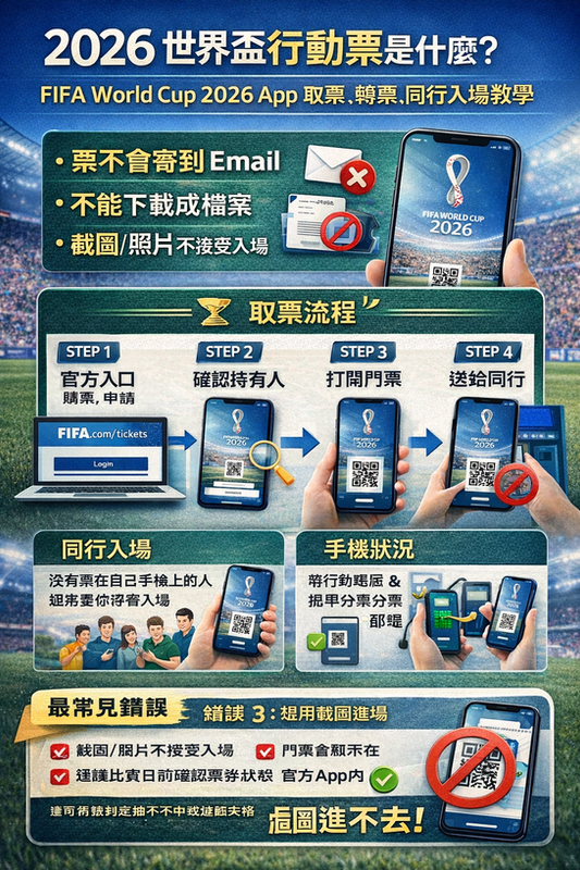 2026 世界盃行動票（Mobile Ticket）資訊圖：說明門票不會寄到 Email、不能下載成檔案、截圖/照片不接受入場；並整理 FIFA World Cup 2026 App 取票流程（官方入口購票→確認持有人→開啟門票→轉票給同行）、同行入場注意事項與比賽日常見錯誤（截圖進不去、入場前先確認票券與手機狀況）。