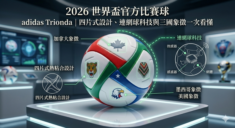 2026 世界盃比賽球 adidas Trionda 解析，介紹四片式球面設計、連網球科技與三國主辦象徵