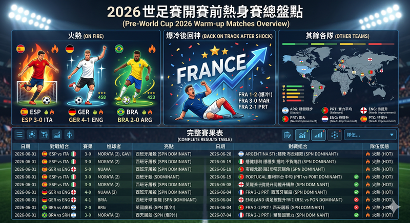 2026 世足賽開賽前熱身賽總盤點｜各隊狀態一次看：西班牙、德國、巴西火熱，法國爆冷後回神（含完整賽果表）