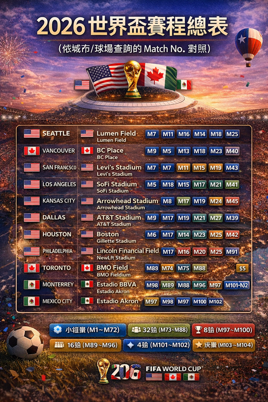 2026 世界盃賽程總表（依城市/球場查詢的 Match No. 對照）