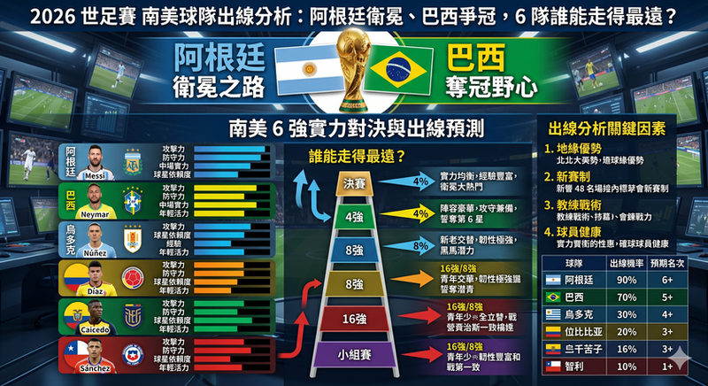 2026 世足賽南美球隊出線分析圖，整理阿根廷、巴西、烏拉圭、哥倫比亞、厄瓜多與智利的晉級機率、球隊實力與世界盃資格賽競爭形勢。