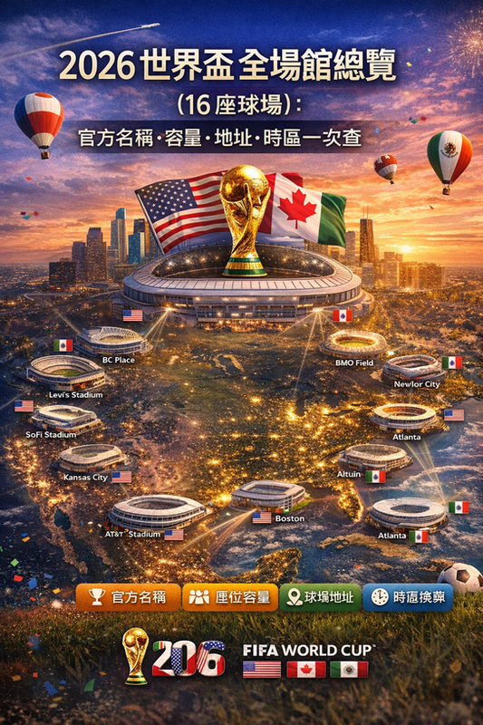 2026 世界盃全場館總覽封面視覺:中央為世界盃獎盃與主辦國旗幟,背景為北美地圖夜景,周圍以球場圖示標注多座比賽場館,並以圖示呈現官方名稱、容量、地址與時區一次查