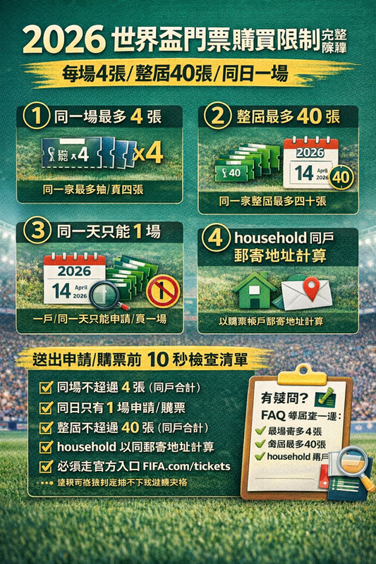2026 世界盃門票購買限制資訊圖：整理官方四大規則——同一場最多 4 張、整屆最多 40 張、同一天只能申請/購買 1 場，以及 household 同戶以郵寄地址計算；下方附「送出申請/購票前 10 秒檢查清單」，提醒務必走 FIFA.com/tickets 官方入口並以 FAQ 規則為準。