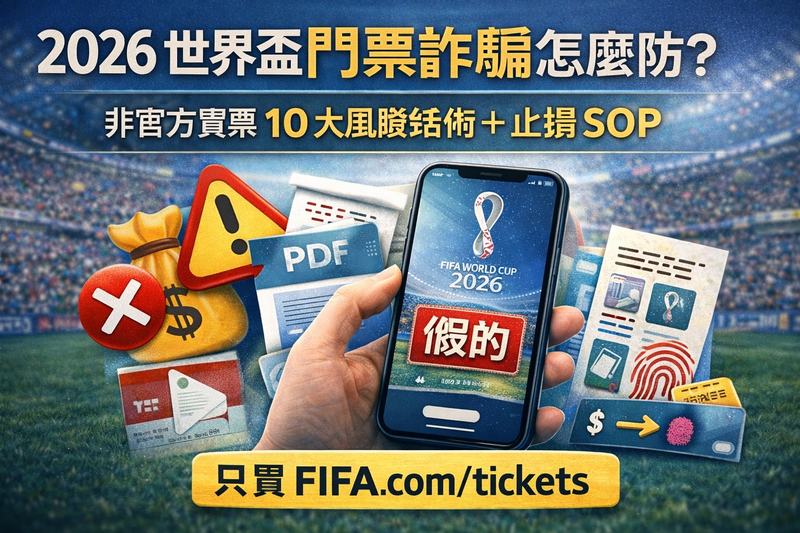 2026 世界盃門票防詐封面圖：提醒非官方購票 10 大風險與止損 SOP，示意假票截圖/PDF 不可入場，建議只透過 FIFA.com/tickets 官方入口購票。