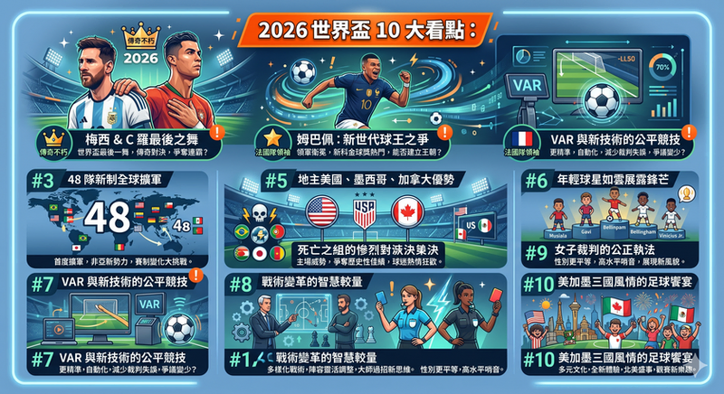 2026 世界盃 10 大看點一次看懂,梅西 C 羅最後一舞、姆巴佩球王之爭、48 隊賽制與 VAR 新科技解析
