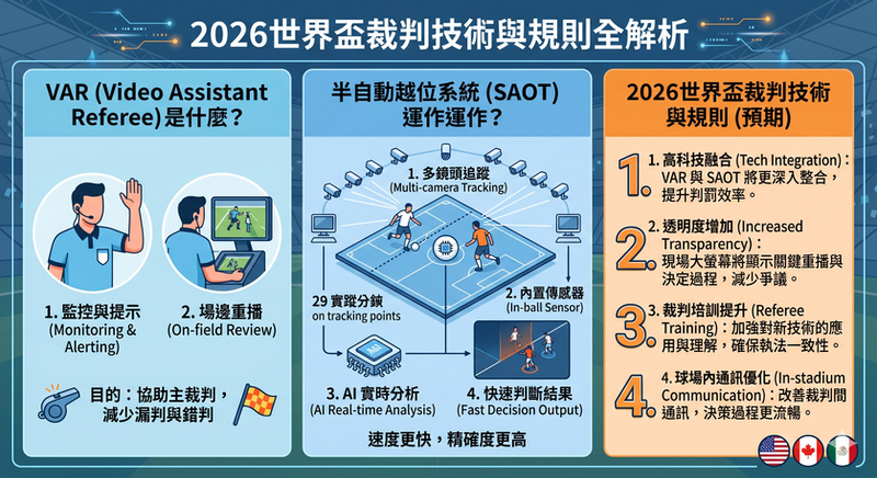 2026 世界盃裁判技術資訊圖,介紹 VAR 影像輔助裁判、SAOT 半自動越位系統與世界盃判決規則重點