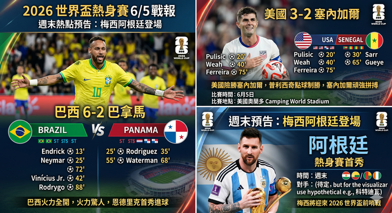 2026 世界盃熱身賽 6/5 戰報圖，整理巴西 6-2 巴拿馬、美國 3-2 塞內加爾賽果亮點，包含內馬爾、普利西奇進球表現與週末梅西阿根廷熱身賽登場看點。