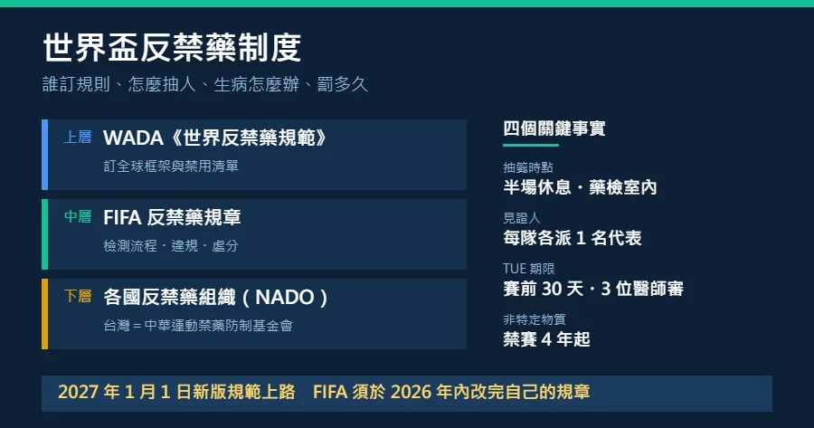 世界盃反禁藥制度資訊圖：WADA 規範、FIFA 反禁藥規章與各國反禁藥組織三層架構，以及半場休息抽籤與 TUE 30 天期限