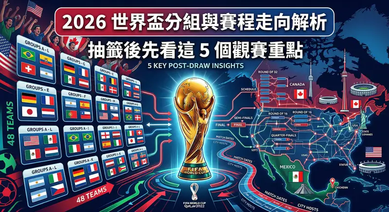 2026 世界盃分組與賽程走向解析：圖解擴編至 48 支球隊的分組對戰表，以及美加墨三國跨國主辦的淘汰賽地圖與晉級路線，幫助球迷快速掌握抽籤後的 5 大觀賽重點