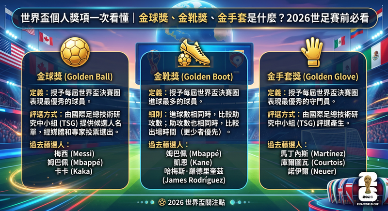 世界盃個人獎項一次看懂，介紹金球獎、金靴獎、金手套獎定義、評選方式與2026世足賽觀賽重點