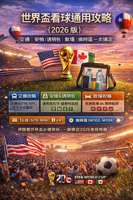 世界盃看球通用攻略（2026 版）封面視覺：滿場球迷與球場夕陽背景，前景有世界盃獎盃與透明包安檢示意，並以圖示呈現交通攻略、安檢/透明包、散場策略與換時區提醒，呼應美加墨共同主辦主題